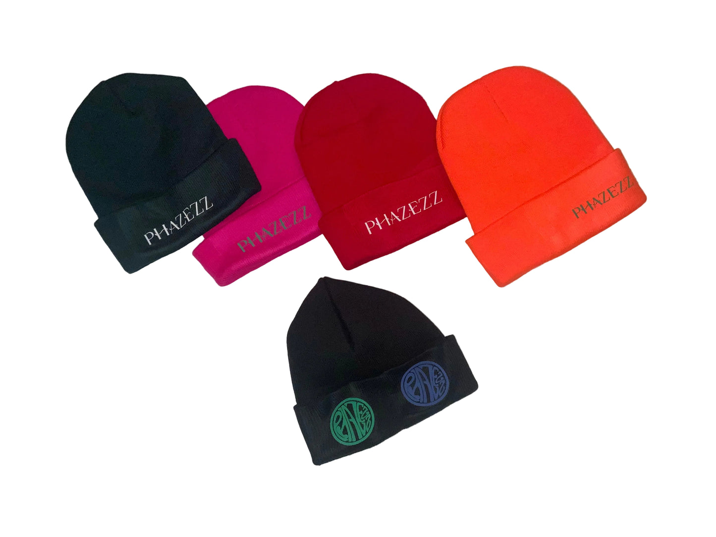 Five beanies in black, pink, red, and orange with 'PHAZEZZ' branding on a textured surface.